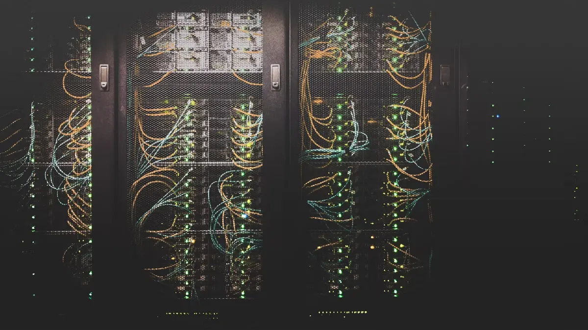 Dark data-centre aisle with racks of servers and status LEDs
